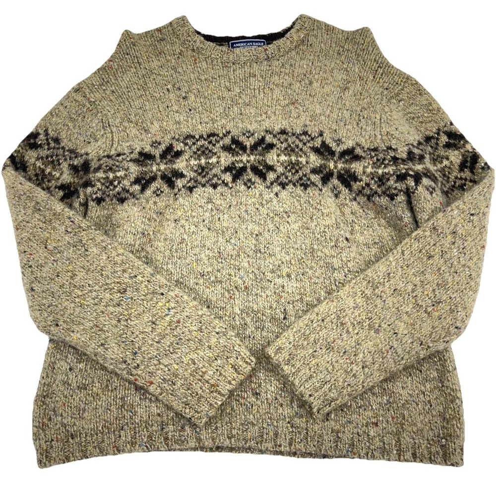 Vintage Y2K American Eagle Sweater Men Medium Brown Wool Knit Nordic Grandpa 90s